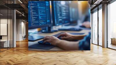 Man working and desk with coworkers on computer in office digital design for online research for business website Colleague career and employees for creative company typing or browse o : Generative AI Wall mural