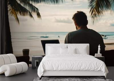 Man working from hotel at the beach Concept for digital nomad work from anywhere work and travel : Generative AI Wall mural