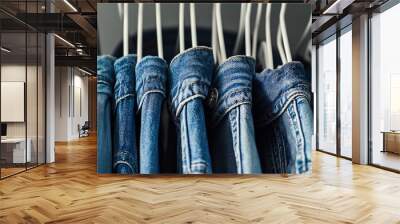 Many blue denim jeans hanging on white clothes hangers on clothing rack Close up of folded casual denim jeans in wardrobe with coat hangers : Generative AI Wall mural