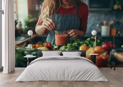 Mature woman with fresh vegetables and fruits making healthy smoothie in kitchen : Generative AI Wall mural