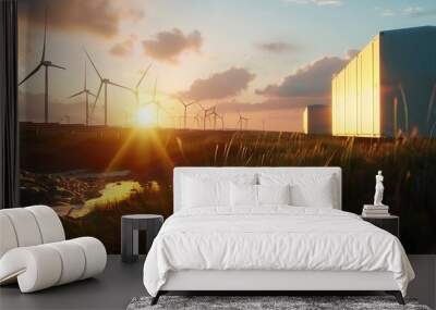 modern battery energy storage system with wind turbines and solar panel power plants in background at sunset : Generative AI Wall mural