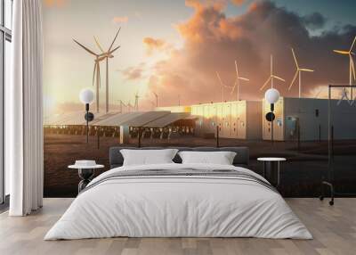 modern battery energy storage system with wind turbines and solar panel power plants in background at sunset : Generative AI Wall mural