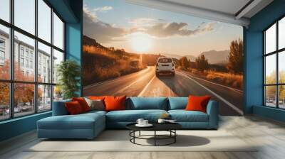 modern family SUV car journeys along a scenic road with majestic nature and a golden sunset in the backdrop Subcompact truck with more offroad capabilities and 4WD : Generative AI Wall mural