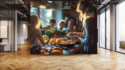 Mother prepares breakfast for children in the morning Maternal love and care for household and family : Generative AI Wall mural