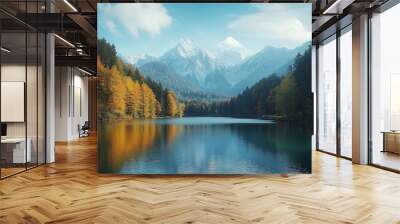 mountains mountain zugspitze  forest and lake bavaria bayern alps beautiful landscape scenery nature photography island autumn coast : Generative AI Wall mural