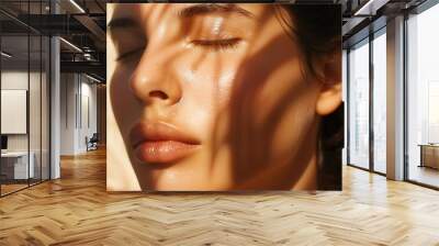 Natural young woman with clean skin in sunlight with shadows on face Beauty closeup of a brunette girl Skincare glow cosmetics and self care concept : Generative AI Wall mural