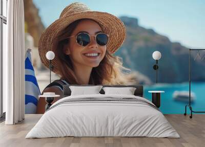 Nice Happy Female Enjoying Sunny Day on Greek Islands Travel to Greece Mediterranean islands outside tourist season Young traveling woman with national greek flag enjoying view on sea : Generative AI Wall mural