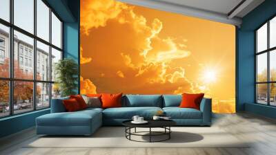 Orange sky with sun and clouds during hot summer weather : Generative AI Wall mural