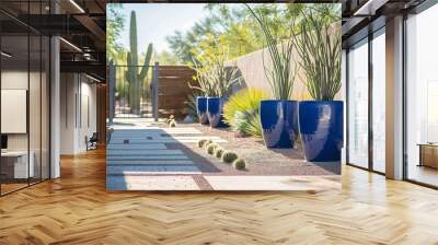 phoenix arizona front landscaping modern residential home charming gate entrance decor plants in tall blue ceramic pots : Generative AI Wall mural