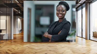 Portrait black woman and smile with arms crossed in office for confidence corporate pride and professional lawyer in Nigeria Happy african female advocate working in company law firm a : Generative AI Wall mural