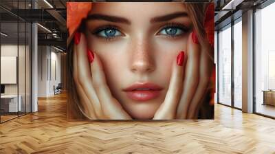 Portrait of beautiful young woman with autumn leafs Healthy clean fresh skin natural make up beauty eyes and red nails : Generative AI Wall mural