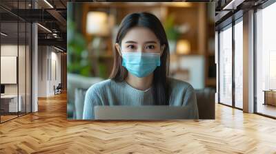 Portrait of Young Smart Asian Woman Freelance Online Working from Home with Laptop at Home Living Room in Coronavirus or Covid19 Outbreak Situation  Healthcare and Social Distancing Co : Generative AI Wall mural