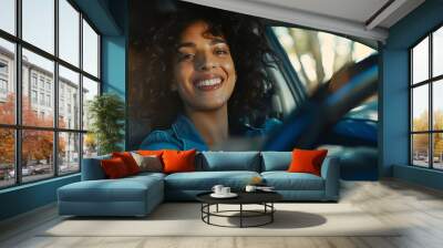 Portrait smiling woman driving car : Generative AI Wall mural