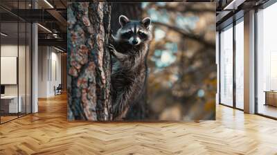 raccoon climbing a tree looking forward : Generative AI Wall mural