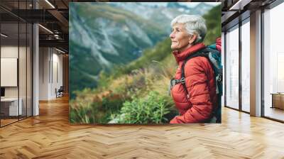 Relax hiking and thinking with old woman in nature for wellness fitness and retirement Happy freedom and travel with senior hiker trekking in outdoors for environment adventure and sum : Generative AI Wall mural