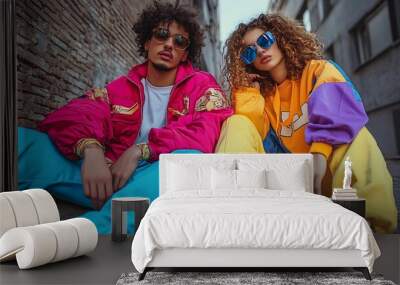 Retro street style 90s inspired fashion Young people friends wearing colorful tracksuits sunglasses shoes and accessories sitting outdoor Concept of 90s fashion youth culture oldstyle  : Generative AI Wall mural