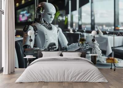 Robot waiter serve food at modern restaurant tableOffering innovation futuristic hightech automated dining experienceBringingdelivery automation order to customerDigital robotic AI sma : Generative AI Wall mural