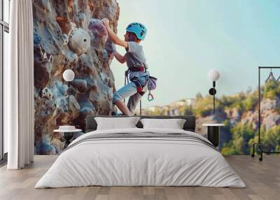 rock climber boy child is practicing rock climbing summer camp sport in nature cute teenager climbing on a rock with belay sport people lifestyle concept : Generative AI Wall mural