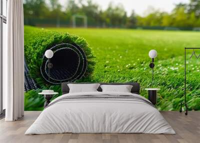 Rolled artificial turf Fake grass on the football field Renovation landscaping or construction of a school stadium Modern covering for a sports or childrens playground High quality pho : Generative AI Wall mural