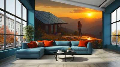 Rooftop with solar panels on house in mountains woman stands alone enjoying sunset Energy independence sustainability self sufficient and escapism to nature concept : Generative AI Wall mural