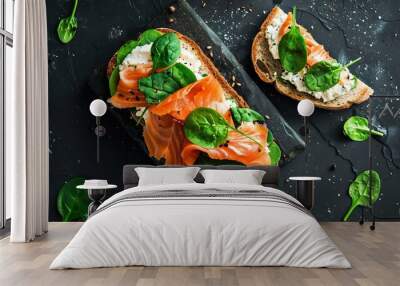 Salmon salted sandwich with spinach and cream cheese top down view : Generative AI Wall mural