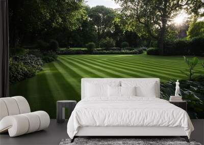 Scenic view of a beautiful English style landscape garden with a freshly mowed striped grass lawn and green leafy plants : Generative AI Wall mural