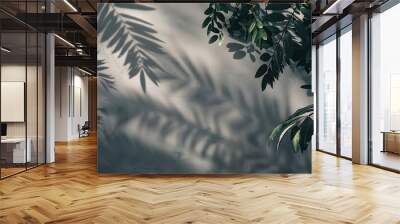 Shadow and sunshine with light of leaves reflection Jungle gray darkness leaf plants shadows shade and lighting on wall background Natural shadows overlay effect foliage mockup wallpap : Generative AI Wall mural