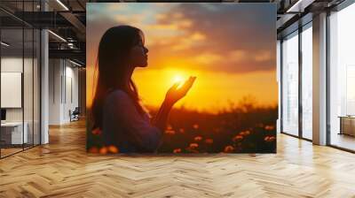 Silhouette of prayer woman worship God in the morning with sunrise sky background Person hands open palm up worship God helping repent catholic easter lent mind pray Christian religion : Generative AI Wall mural