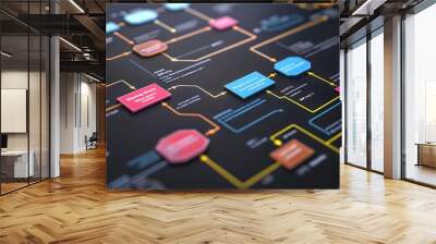 Software development flowchart diagram showing branching merging pull request commit master development and release version process workflow for business Distributed version control Gi : Generative AI Wall mural