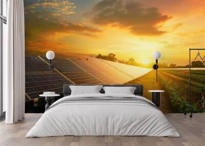 Solar Farm solar cell at sunset sky background with electric power generation in agricultural area  Renewable green alternative energy Power plant Solar photovoltaic rows array ground  : Generative AI Wall mural