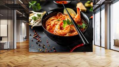 spicy shrimps udon ramen noodle Tom Yum Goong  japanese fusion food style : Generative AI Wall mural