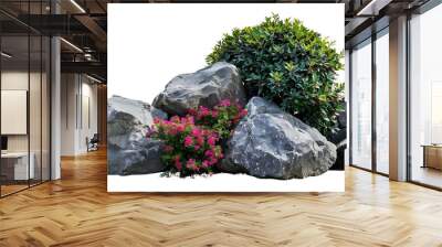 Stone garden decoration and shrubs isolated on white background with clipping path Rock landscaping among the flowering bush : Generative AI Wall mural