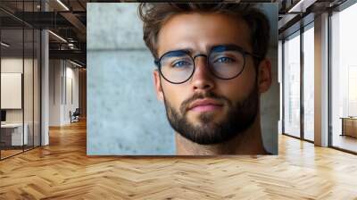 Stylish bearded male student wears round spectacles has trendy hairstyle looks confidently thinks about coming session isolated over white concrete background People and human expressi : Generative AI Wall mural