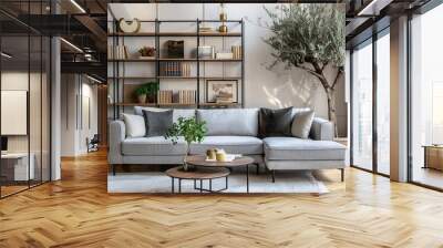 Stylish interior of living room with grey sofa coffee table shelving unit and olive tree : Generative AI Wall mural