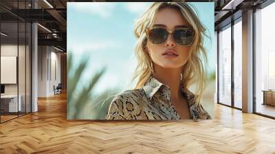 Stylish woman with blonde hair wearing sunglasses and a trendy snake print shirt : Generative AI Wall mural