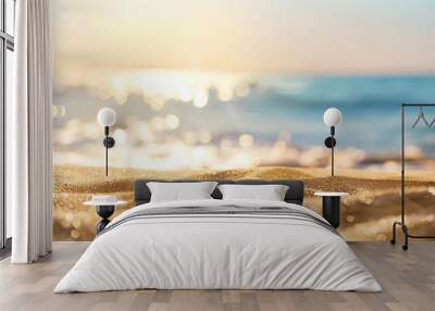 Summer background image of tropical beach with blurred horizon at sunset Light sand of beach against backdrop of sparkling ocean water Natural seascape : Generative AI Wall mural