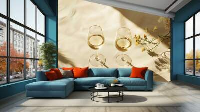 Sunlight still life with two glasses of white wine beige background with shadow and glare caustic light effect at sun Minimal aesthetic trend photo with summer alcohol drink dark light : Generative AI Wall mural