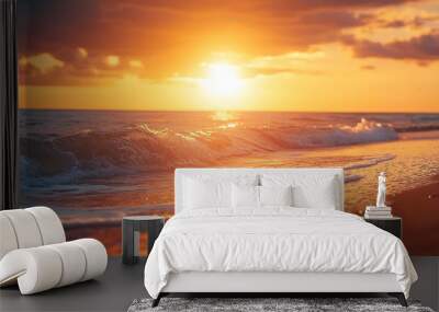 Sunset or sunrise sky Clouds over water Golden Dawn Dramatic coast nature background Beautiful sea beach at sunset Morning shoreline sunlight : Generative AI Wall mural