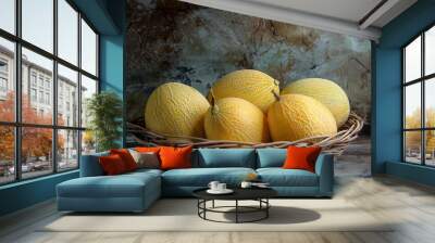 Sweet melons fruit Natural organic 3 honeydew melon in a fruit basket : Generative AI Wall mural