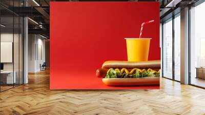 Tasty hotdog with hot sausage served mustard and ketchup and green salad with fried potato and drink against vivid red background Concept of fast food street food menu catering take aw : Generative AI Wall mural