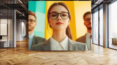 Team work Young women businesswomen men finance analyst or clerk in business clothes isolated on abstract art background Concept of finance economy professional occupation ad : Generative AI Wall mural