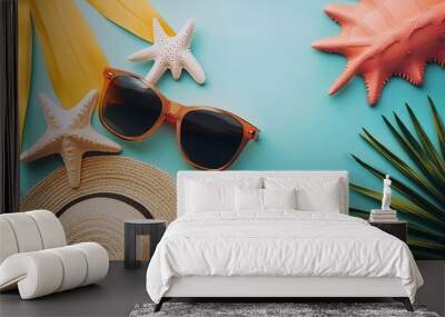 Top view travel or vacation concept Composition with stylish beach accessories on colored background top view Beach fashion flat lay summer concept Trendy colors : Generative AI Wall mural