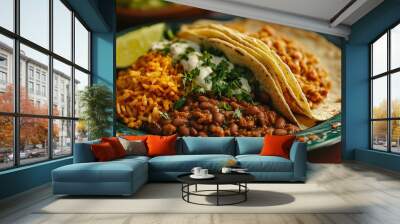 Tradional Mexican meal with a loaded taco refried beans and rice filling out the dinner plate : Generative AI Wall mural