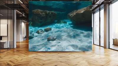 Tropical blue ocean with white sand and stones underwater in Hawaii Ocean background : Generative AI Wall mural