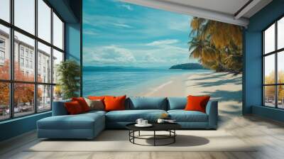 tropical paradise beach with white sand and coco palms travel tourism wide panorama background concept : Generative AI Wall mural