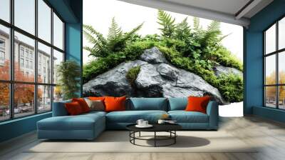 Tropical plant fern moss bush tree jungle stone rock isolated on white background with clipping path : Generative AI Wall mural