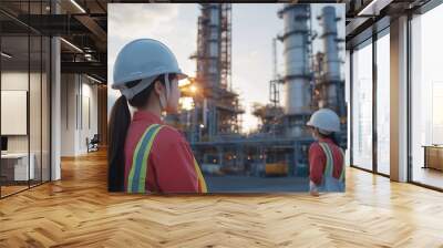 Two Asian female engineer with white safety helmet standing front of oil refinery Industry zone gas petrochemical Factory oil storage tank and pipeline Workers work in the refinery con : Generative AI Wall mural