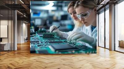 Two female engineers working with computer chips in electronics lab : Generative AI Wall mural