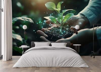 Two hands holding young plant with cyber display of technological smart farming 40Smart Farming and Agriculture Innovation Concept : Generative AI Wall mural