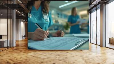 two nurses share patient information by writing it on the patient file sharing paperwork and reviewing medical chart examination room medical research or surgery planning in wellness h : Generative AI Wall mural